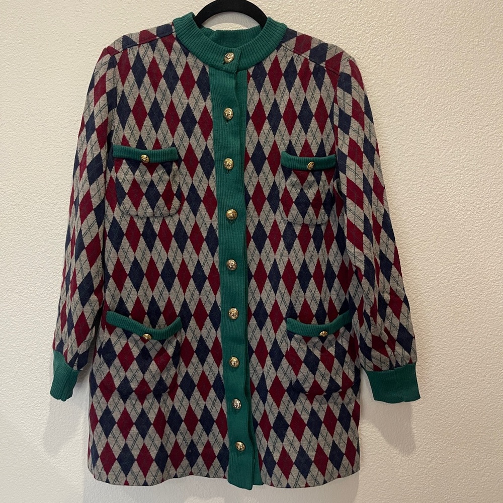 Women's Wool Argyle Cardigan with Gold Buttons | No Tag/Unbranded